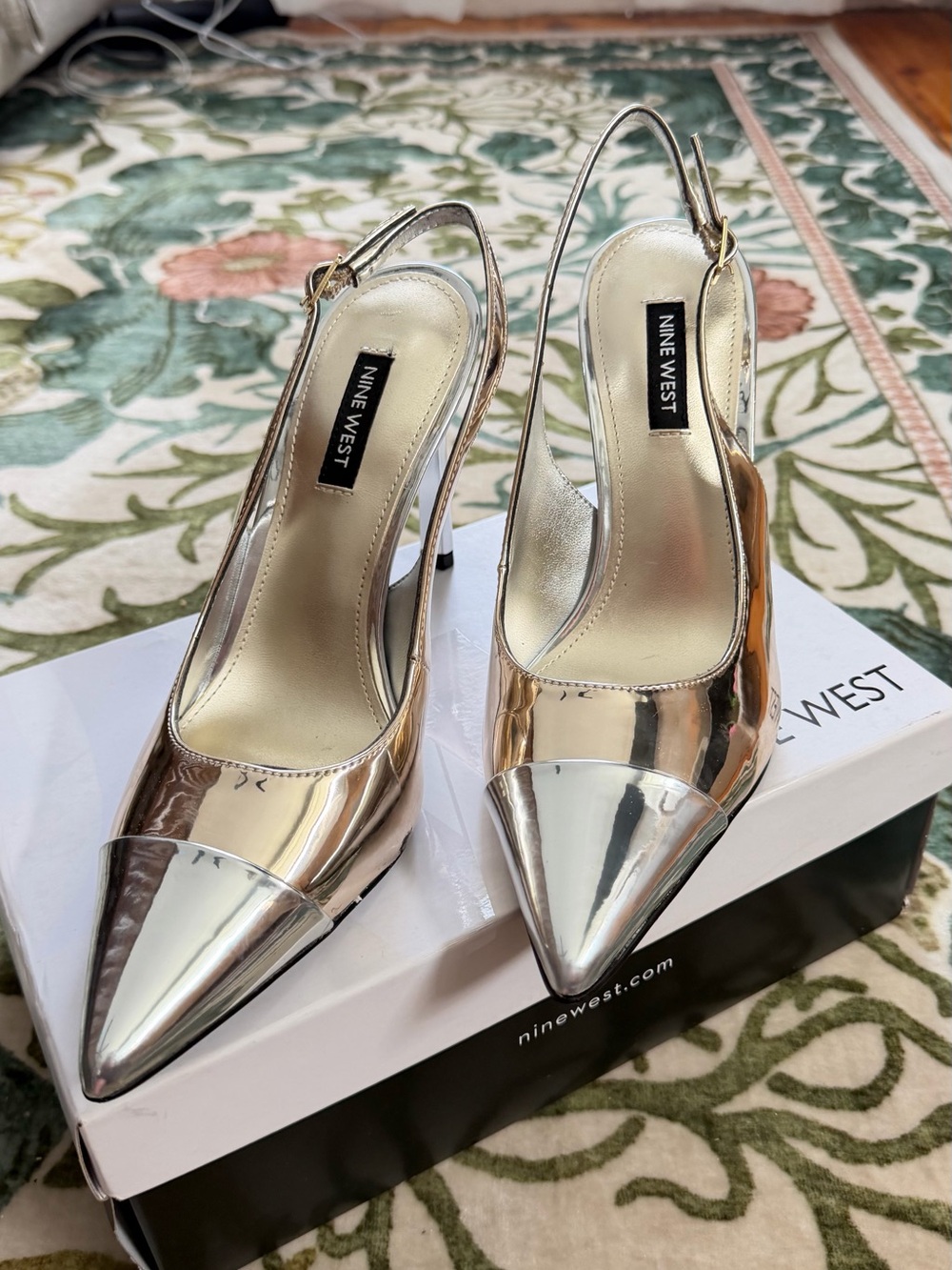 Nine West Silver Mirror-Effect Pointed Slingback Heels